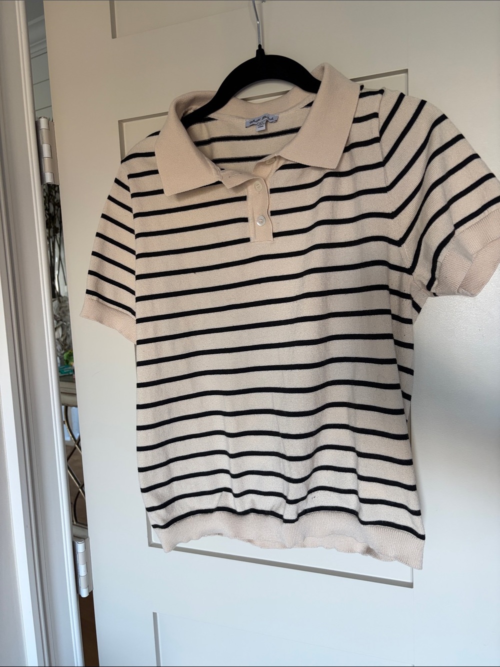 white birch Cream and Black Striped Polo Top